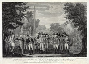 Los británicos rindiendo sus armas al General Washington después de la derrota en York Town en Virginia, octubre de 1781, pub. 1819